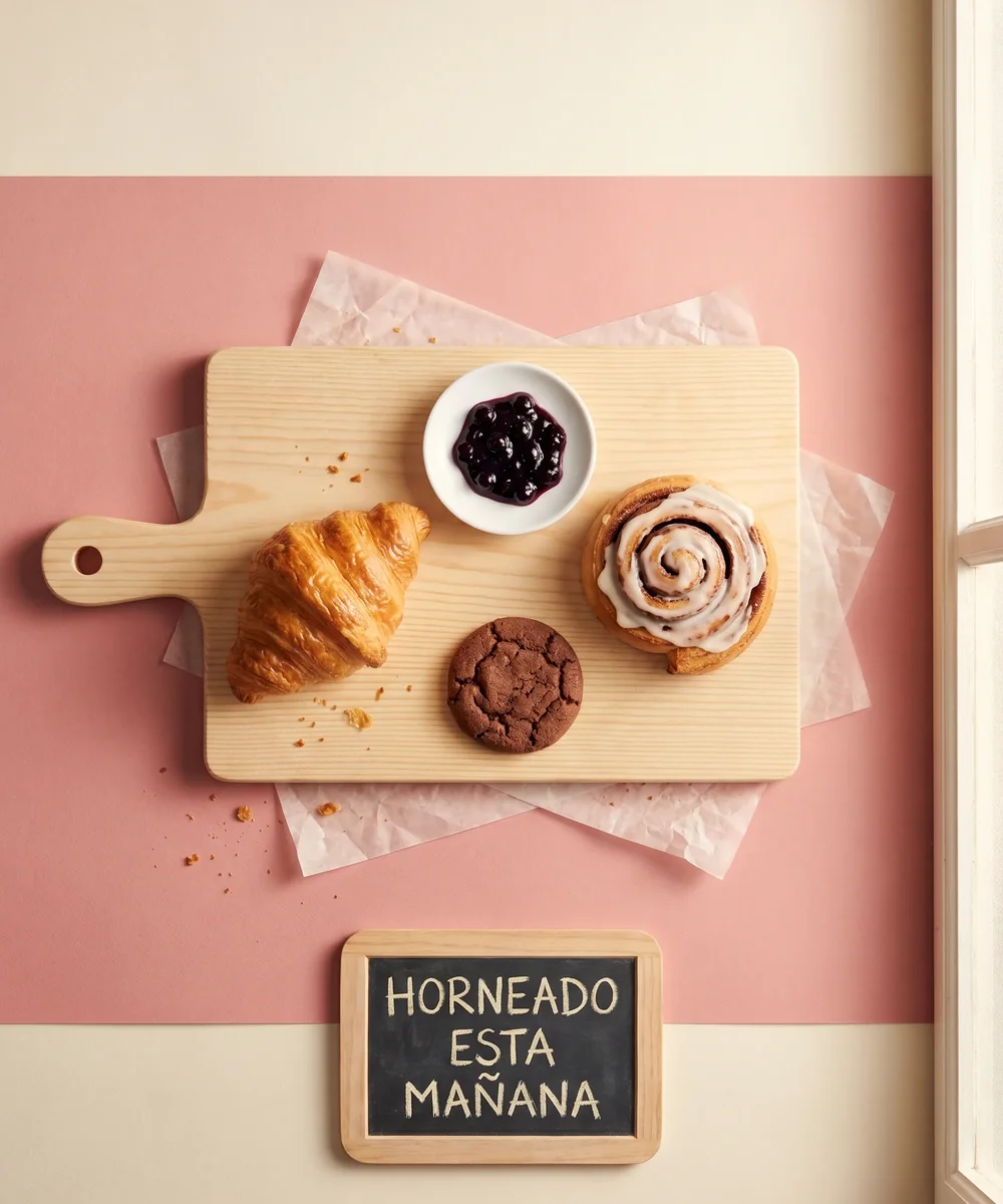 Croissant y rol de canela recién horneados en Cafetismo, sobre tabla de madera